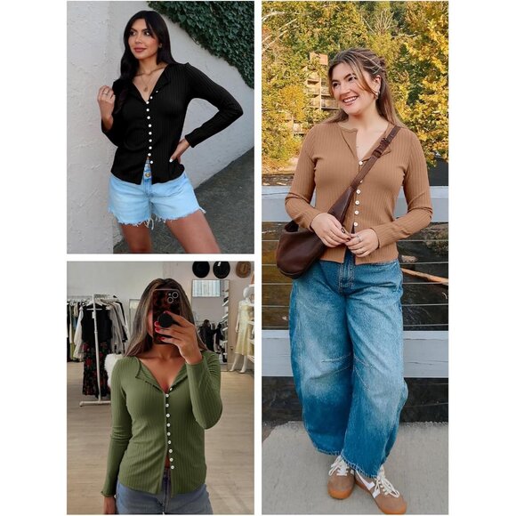 Women's Ribbed Long Sleeve Button-Down Top Fitted Casual Fall Layering - Picture 4 of 8